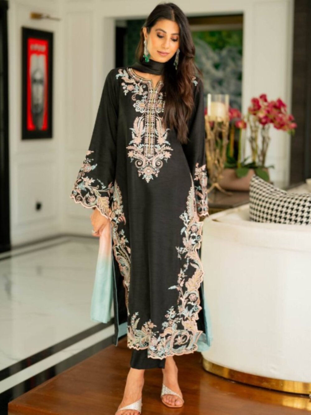 New Designer Solid Satin Rayon Embroidery Over Size Long Kaftan & Bottom with Du